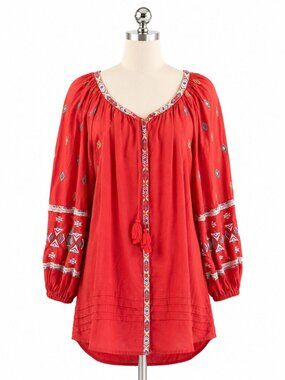 Sundance Red Embroidered Cotton Boho Peasant Mini Dress Tassel Large